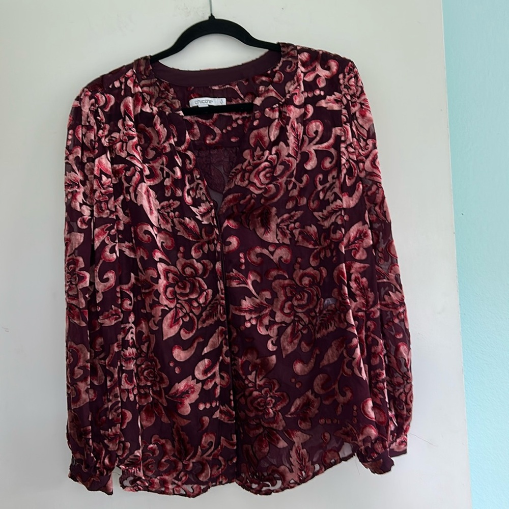 Chico’s Sz 2maroon velvet like burn out Chiffon button down Blouse Top Sz Lg/12